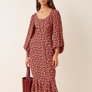 STAUD Lara Midi Dress, size 4, mushroom print